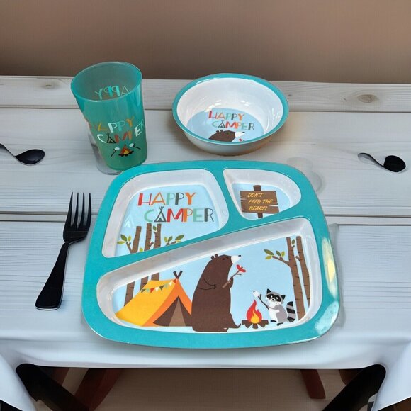 3 Piece Bass pro shop happy camper child’s Divided Plate Bowl And Cup Set - Picture 2 of 7